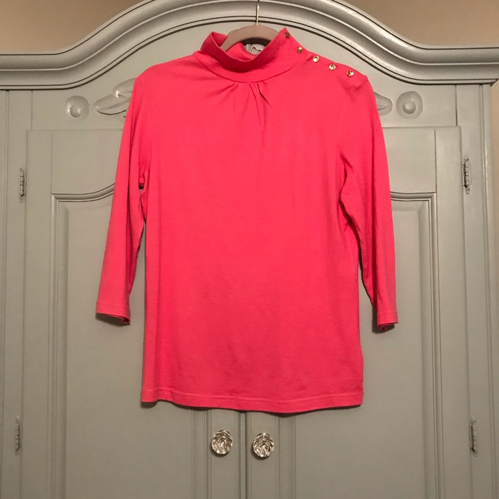 Lilly Pulitzer Silk Turtleneck with Gold Buttons.